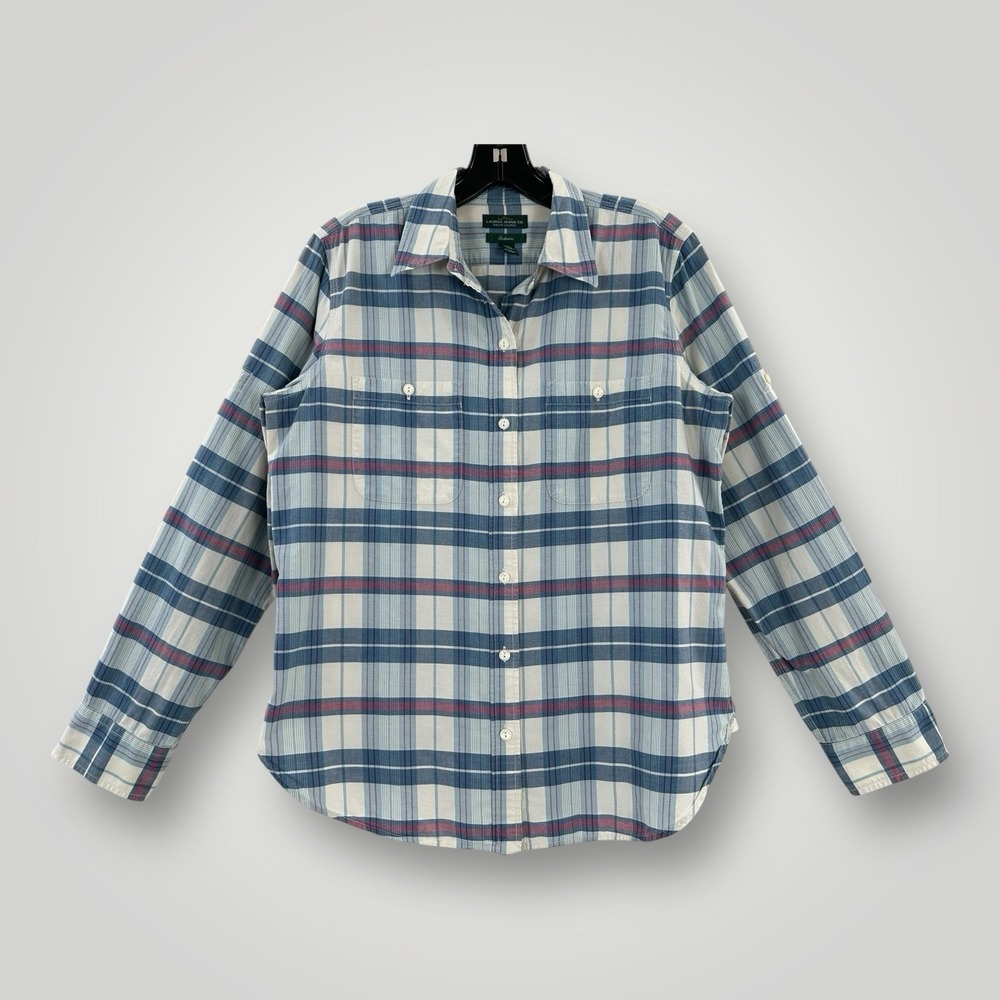 Lauren Ralph Lauren Plaid Shirt Womans M Blue Pink Long Sleeves Roll Tab Cotton